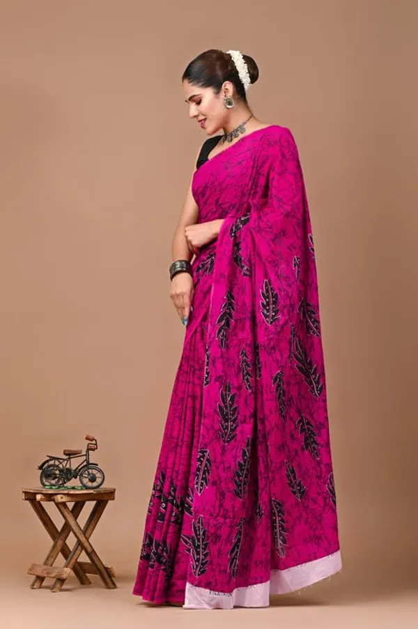 Dark_Pink_Cotton_Block_Prints_Saree_For_Women