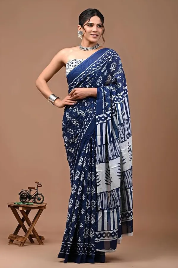 Blue_Cotton_Block_Prints_Saree_For_Women