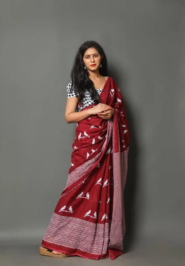 Maroon_Cotton_Block_Prints_Saree_For_Women