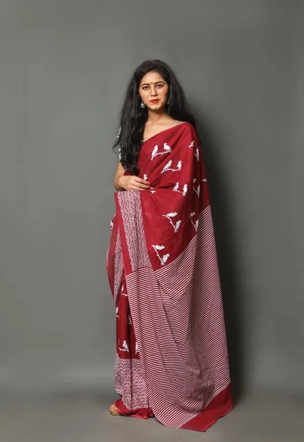 Maroon_Cotton_Block_Prints_Saree_For_Women