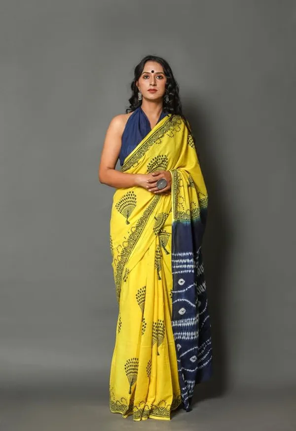 Yellow_Cotton_Block_Prints_Saree_For_Women