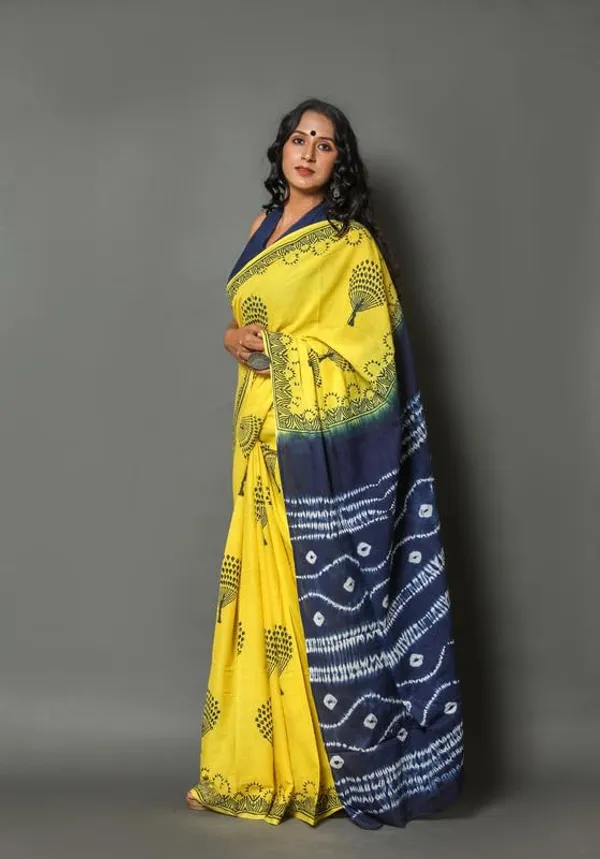 Yellow_Cotton_Block_Prints_Saree_For_Women