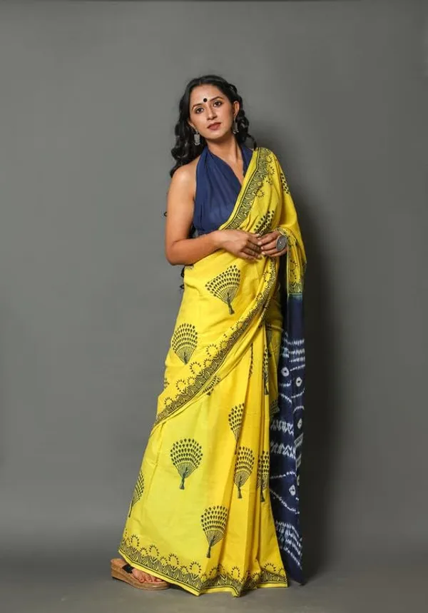Yellow_Cotton_Block_Prints_Saree_For_Women