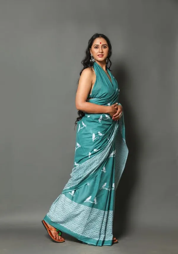 Sea_Green_Cotton_Block_Prints_Saree_For_Women