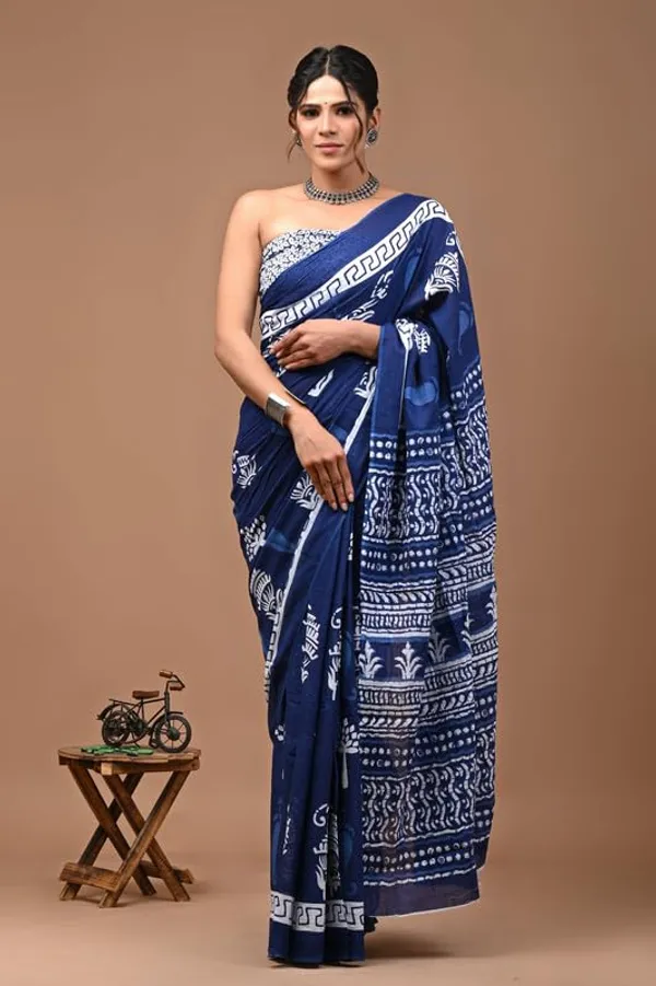 NavyBlue_Cotton_Block_Prints_Saree_For_Women