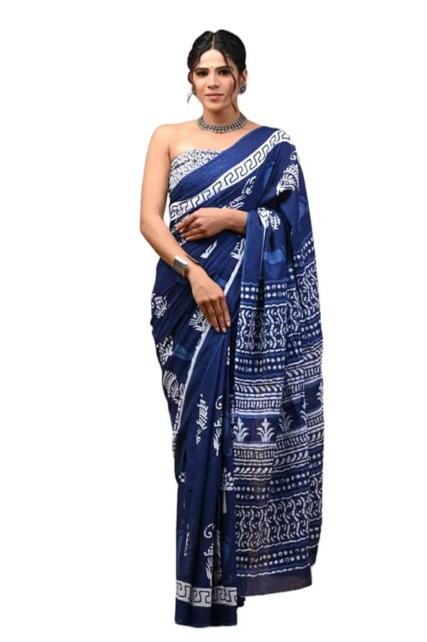 NavyBlue_Cotton_Block_Prints_Saree_For_Women