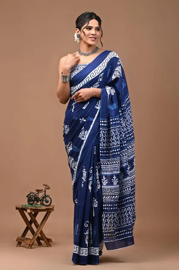 NavyBlue_Cotton_Block_Prints_Saree_For_Women