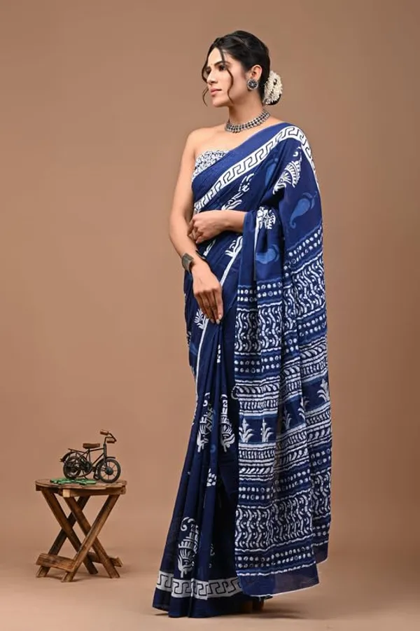 NavyBlue_Cotton_Block_Prints_Saree_For_Women