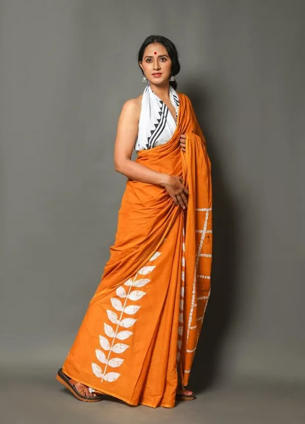 Musturd_Cotton_Block_Prints_Saree_For_Women