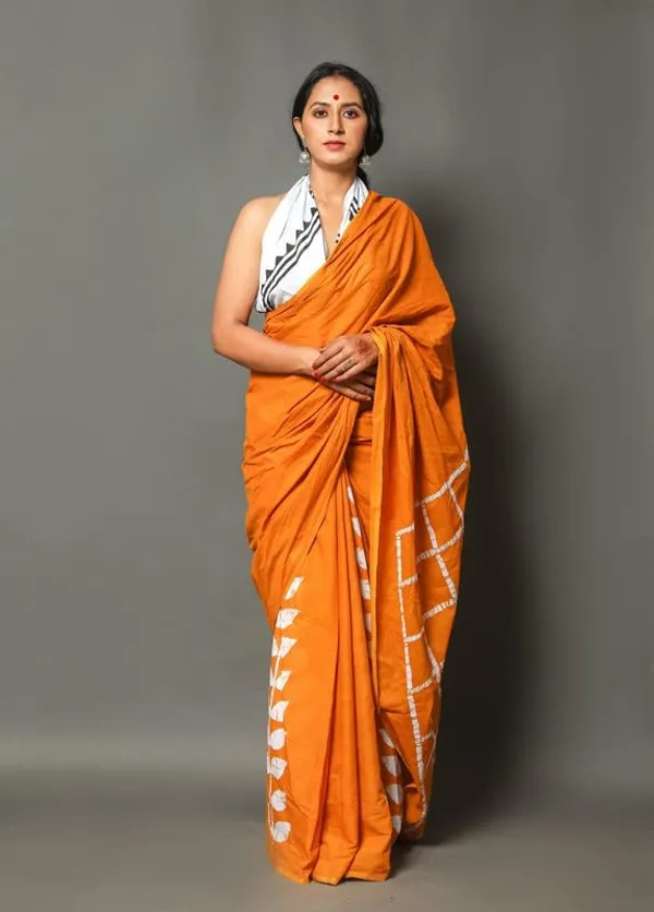 Musturd_Cotton_Block_Prints_Saree_For_Women