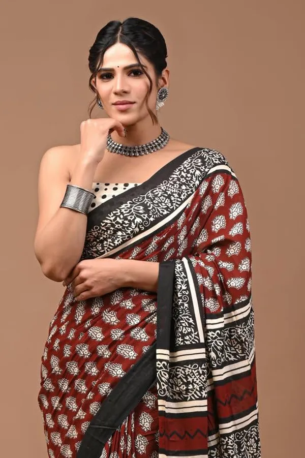 Maroon_Cotton_Block_Prints_Saree_For_Women