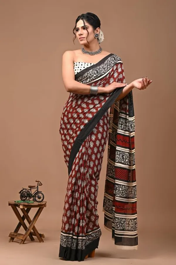 Maroon_Cotton_Block_Prints_Saree_For_Women