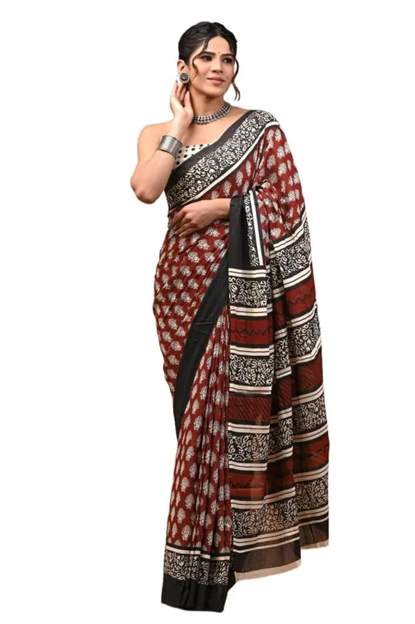 Maroon_Cotton_Block_Prints_Saree_For_Women