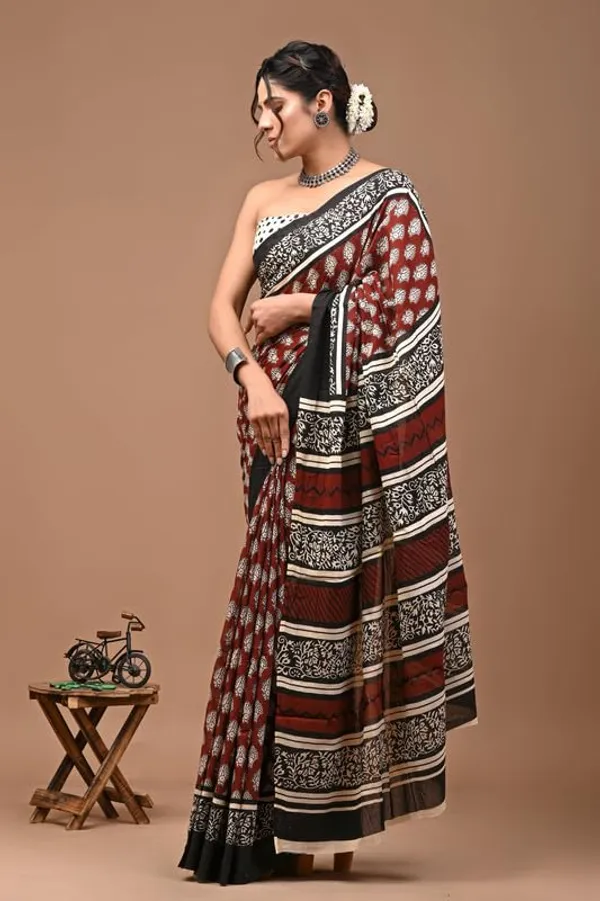 Maroon_Cotton_Block_Prints_Saree_For_Women