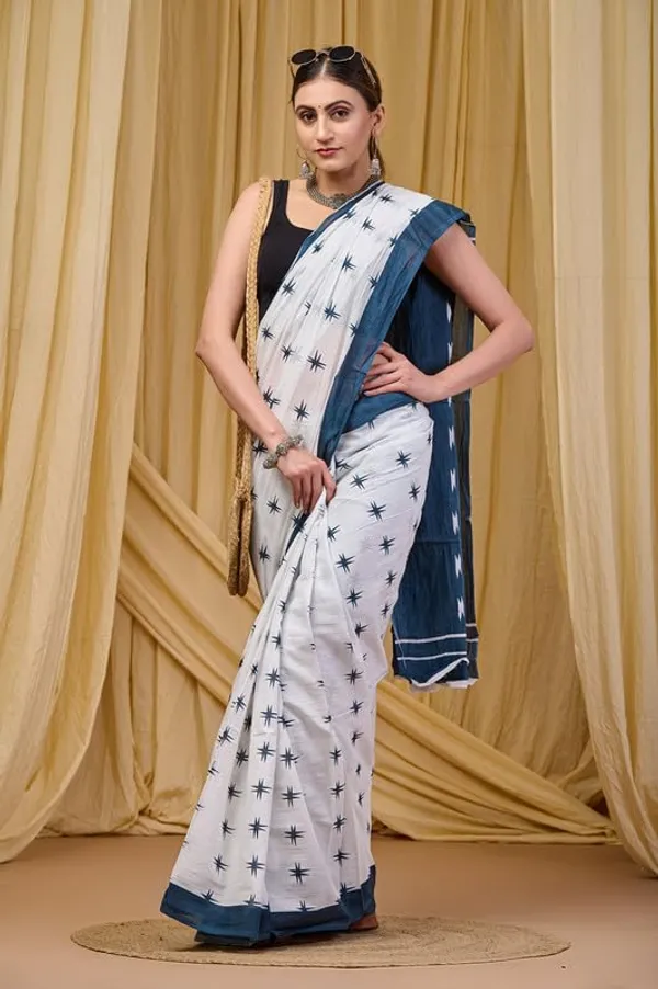 White1_Cotton_Stars_Saree_For_Women