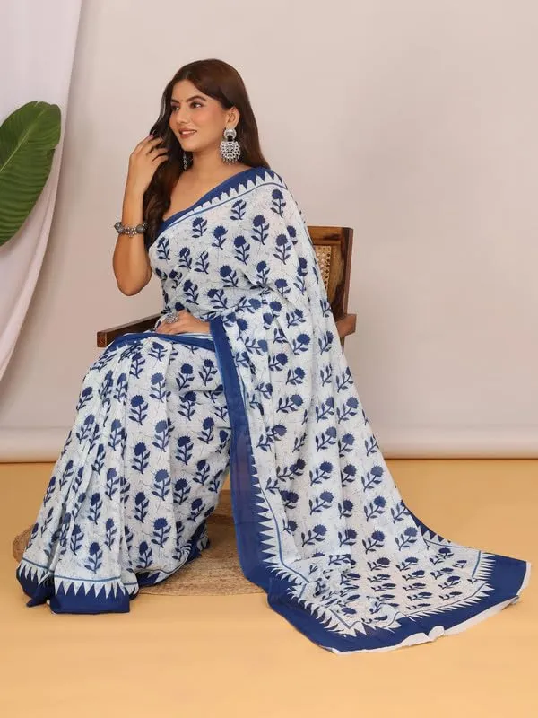 White_Cotton_Block_Prints_Saree_For_Women