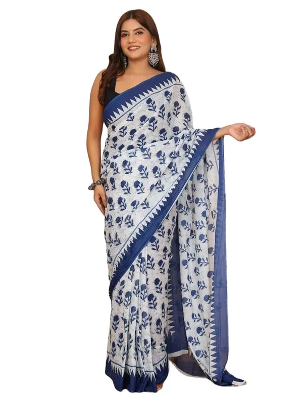White_Cotton_Block_Prints_Saree_For_Women