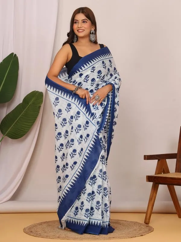 White_Cotton_Block_Prints_Saree_For_Women