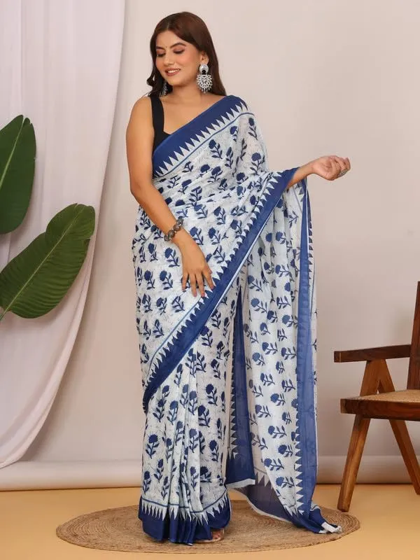 White_Cotton_Block_Prints_Saree_For_Women