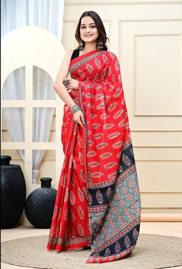 Red_Cotton_Ajrak_Saree_For_Women