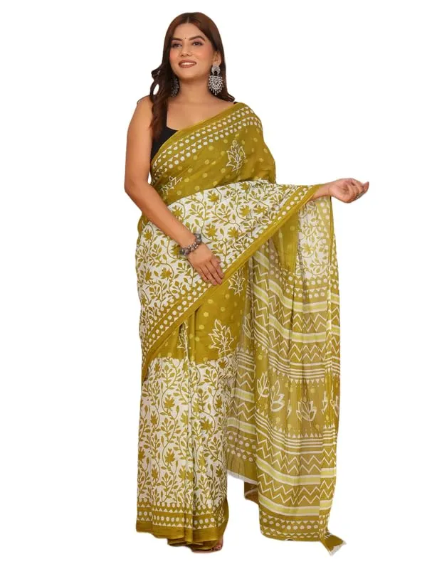 Olive_Green_Cotton_Floral_Saree_For_Women
