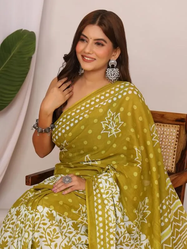 Olive_Green_Cotton_Floral_Saree_For_Women