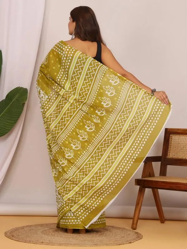 Olive_Green_Cotton_Floral_Saree_For_Women