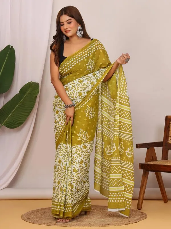 Olive_Green_Cotton_Floral_Saree_For_Women