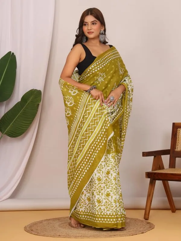 Olive_Green_Cotton_Floral_Saree_For_Women