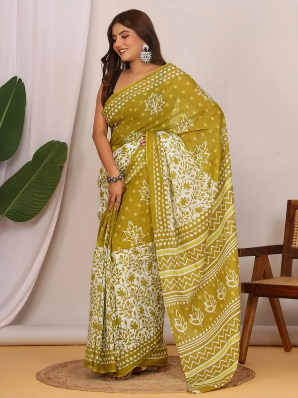 Olive_Green_Cotton_Floral_Saree_For_Women