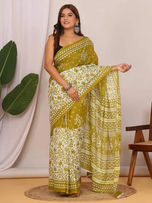 Olive_Green_Cotton_Floral_Saree_For_Women
