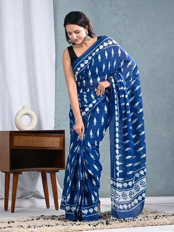 Blue_Cotton_Traditional_Prints_Saree_For_Women