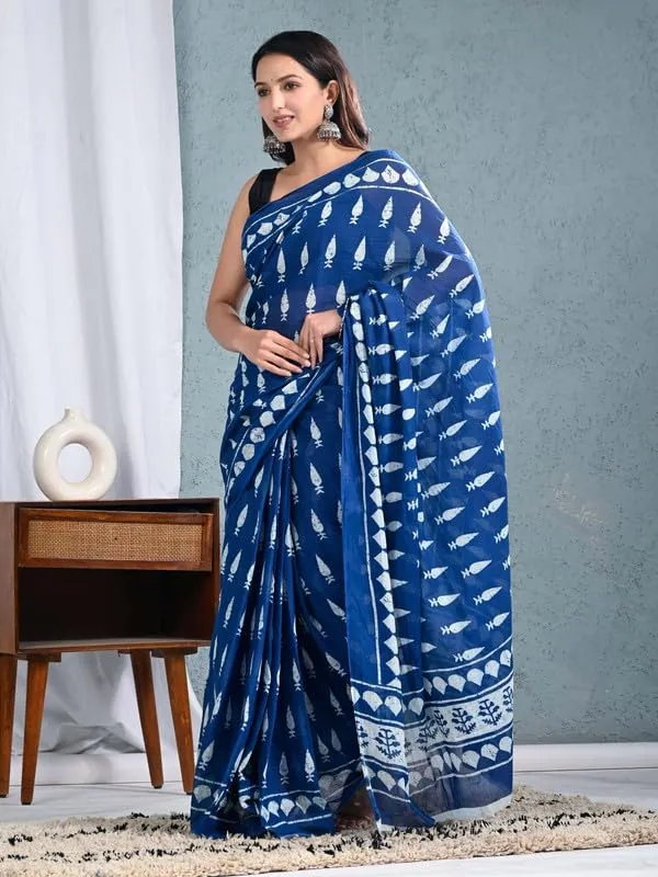 Blue_Cotton_Traditional_Prints_Saree_For_Women