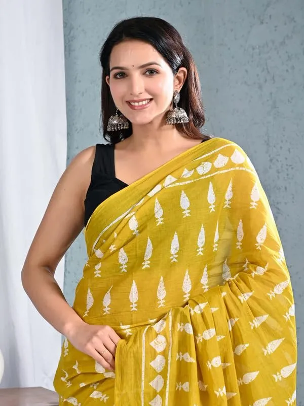 Yellow_Cotton_Traditional_Prints_Saree_For_Women
