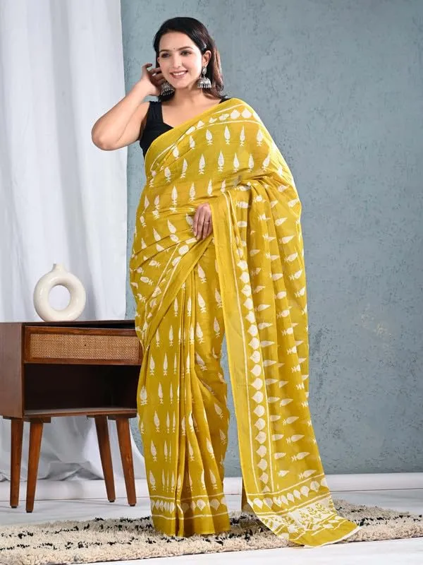 Yellow_Cotton_Traditional_Prints_Saree_For_Women