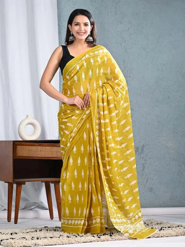 Yellow_Cotton_Traditional_Prints_Saree_For_Women