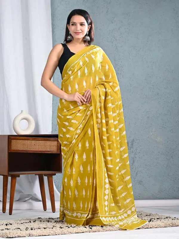 Yellow_Cotton_Traditional_Prints_Saree_For_Women