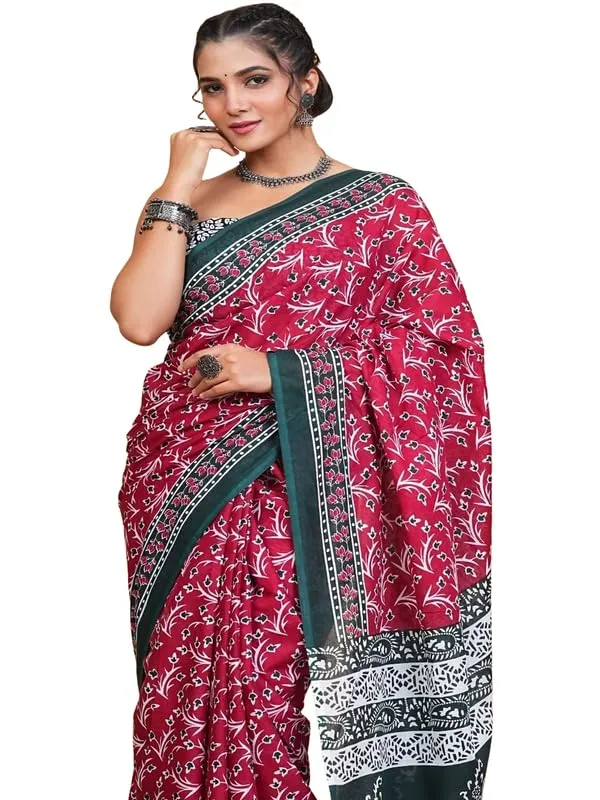 Maroon_Cotton_Block_Prints_Saree_For_Women