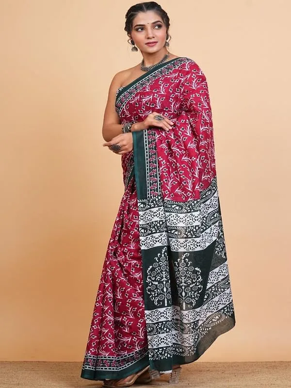 Maroon_Cotton_Block_Prints_Saree_For_Women