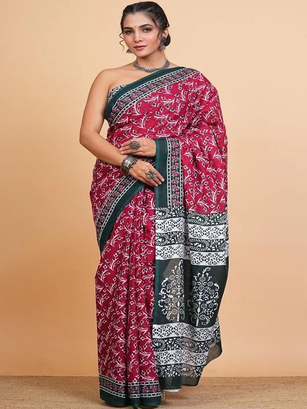 Maroon_Cotton_Block_Prints_Saree_For_Women