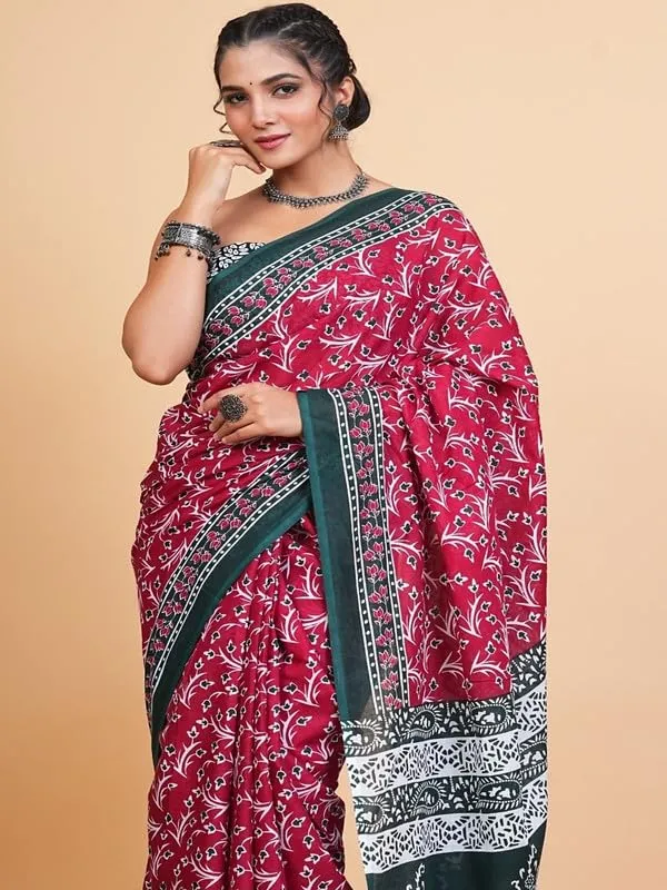 Maroon_Cotton_Block_Prints_Saree_For_Women