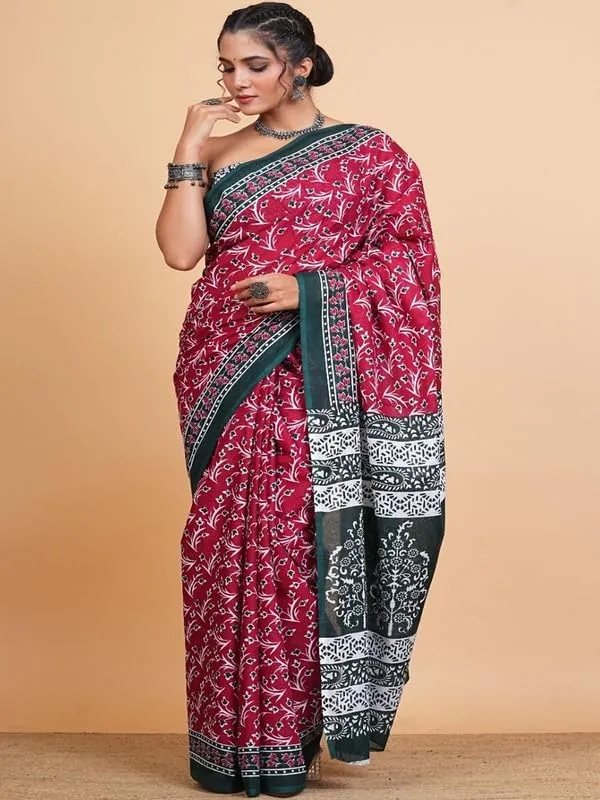 Maroon_Cotton_Block_Prints_Saree_For_Women
