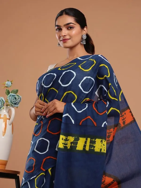 Blue_Cotton_Block_Prints_Saree_For_Women