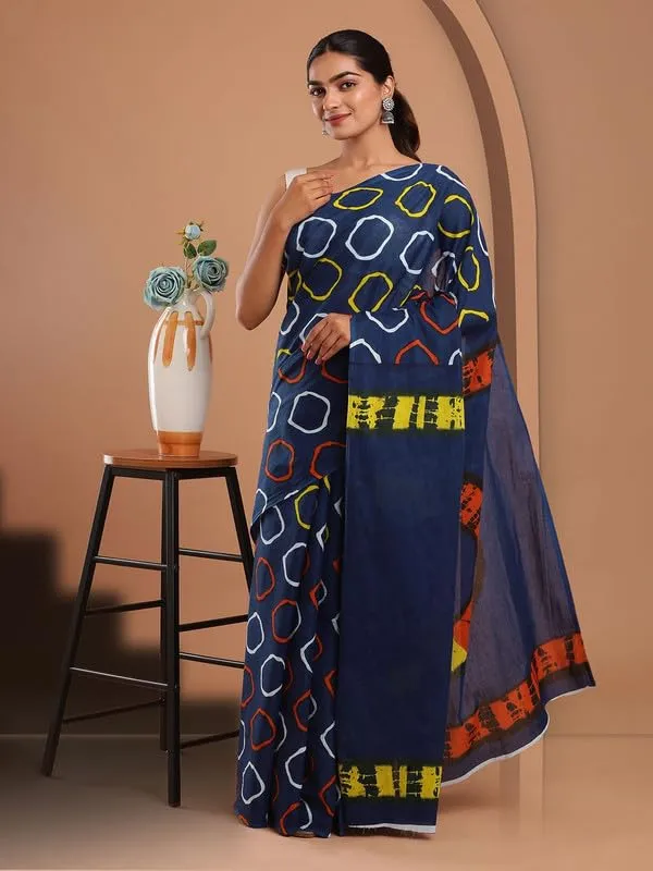 Blue_Cotton_Block_Prints_Saree_For_Women