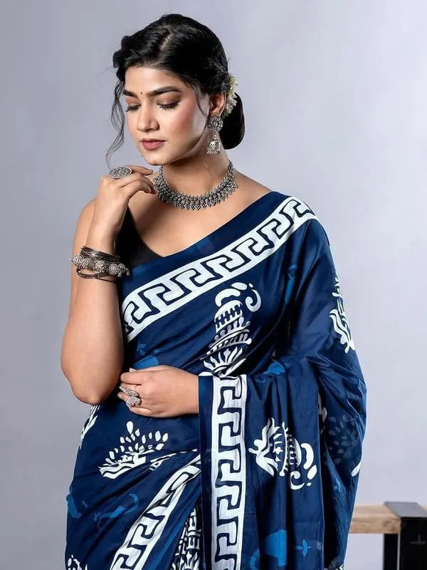 Blue_Cotton_Block_Prints_Saree_For_Women