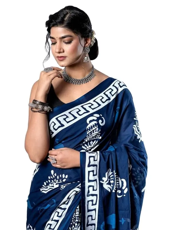 Blue_Cotton_Block_Prints_Saree_For_Women