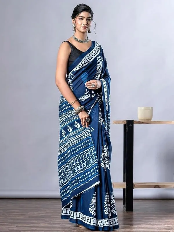 Blue_Cotton_Block_Prints_Saree_For_Women