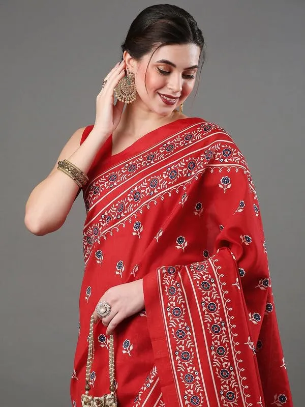 Red_Cotton_Block_Prints_Saree_For_Women