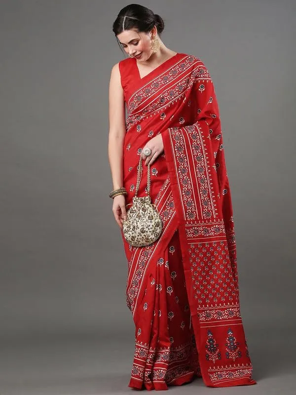 Red_Cotton_Block_Prints_Saree_For_Women