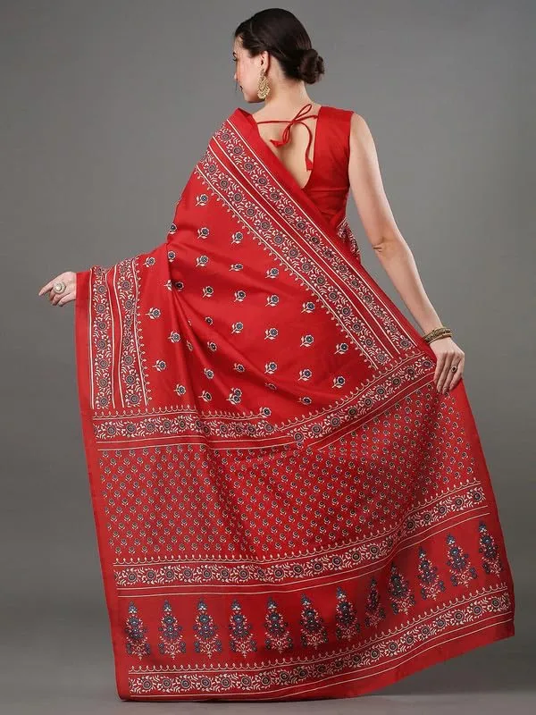 Red_Cotton_Block_Prints_Saree_For_Women